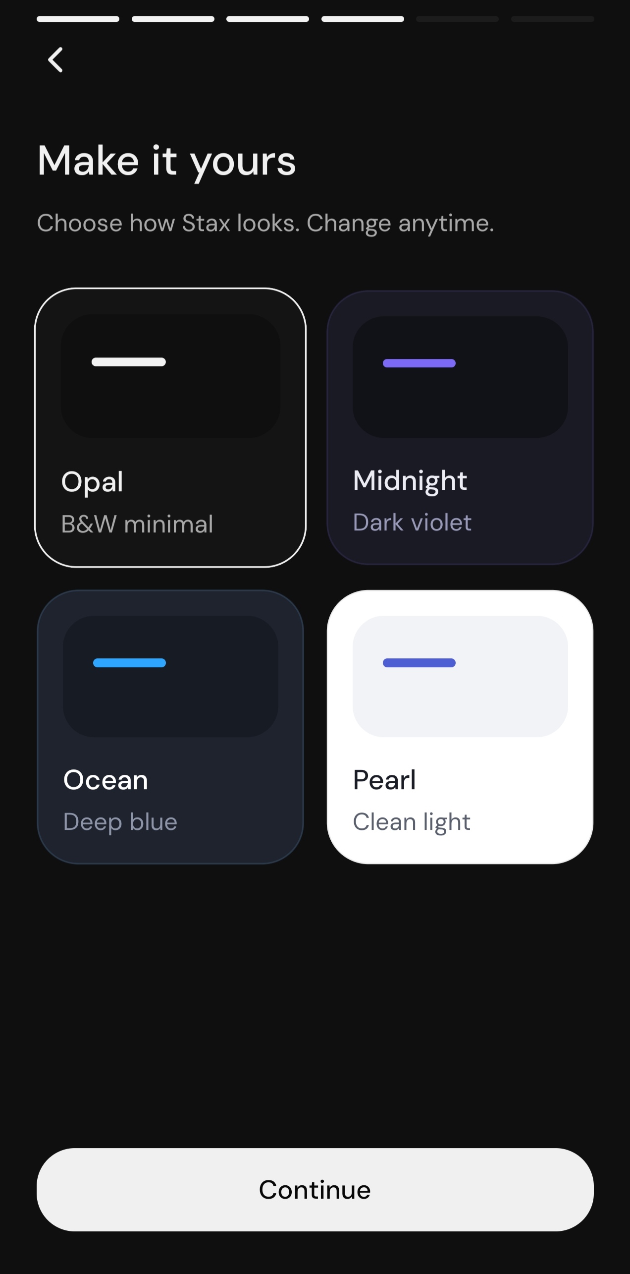 Stax theme picker showing four themes
