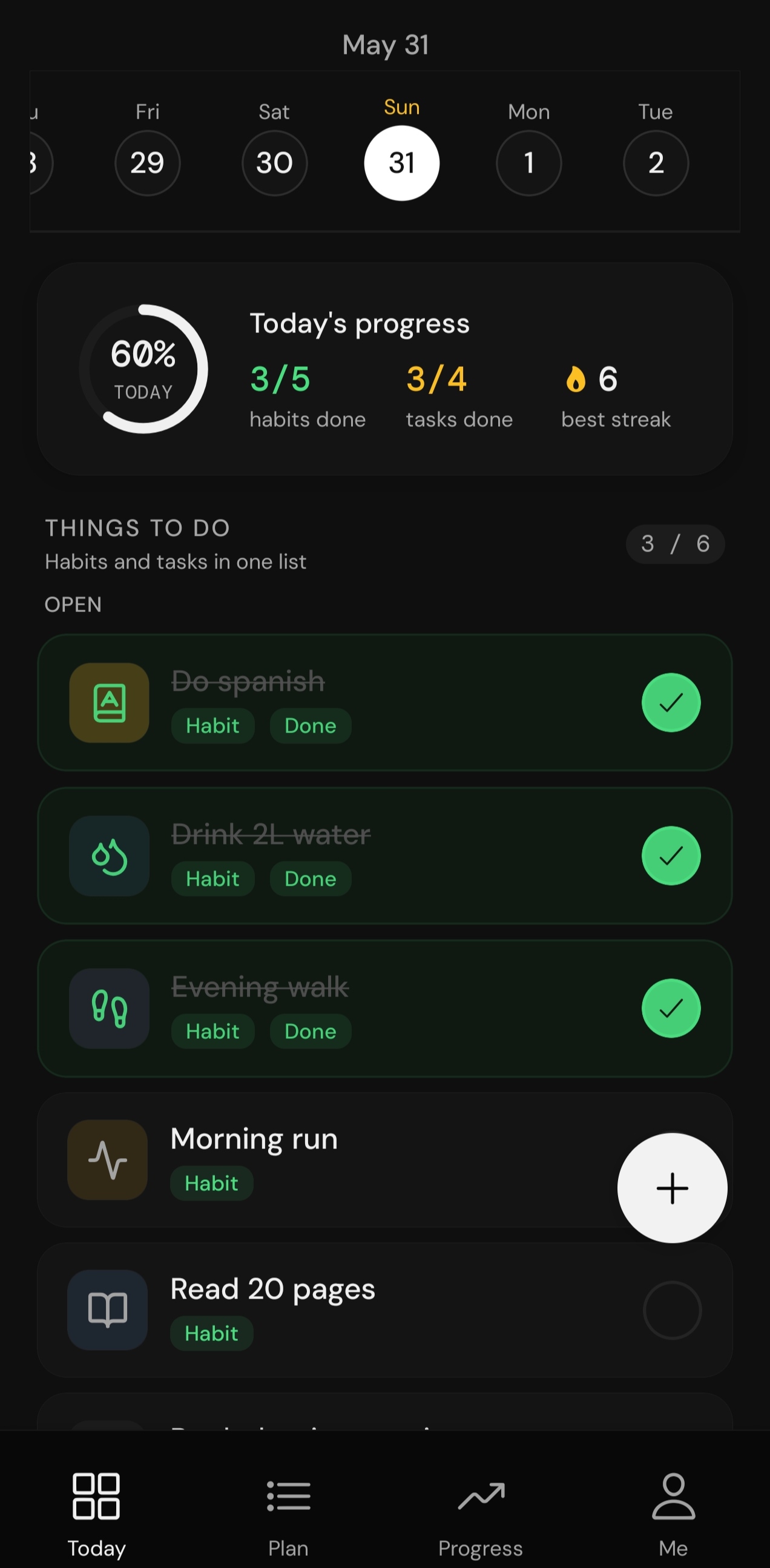 Stax Today screen showing habits and tasks